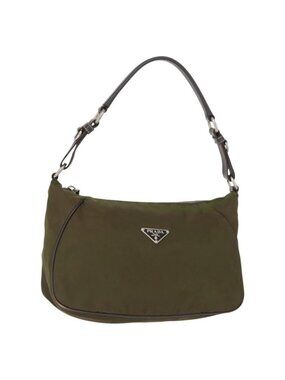 Authentic PRADA Shoulder Bag Nylon Leather Khaki Silver